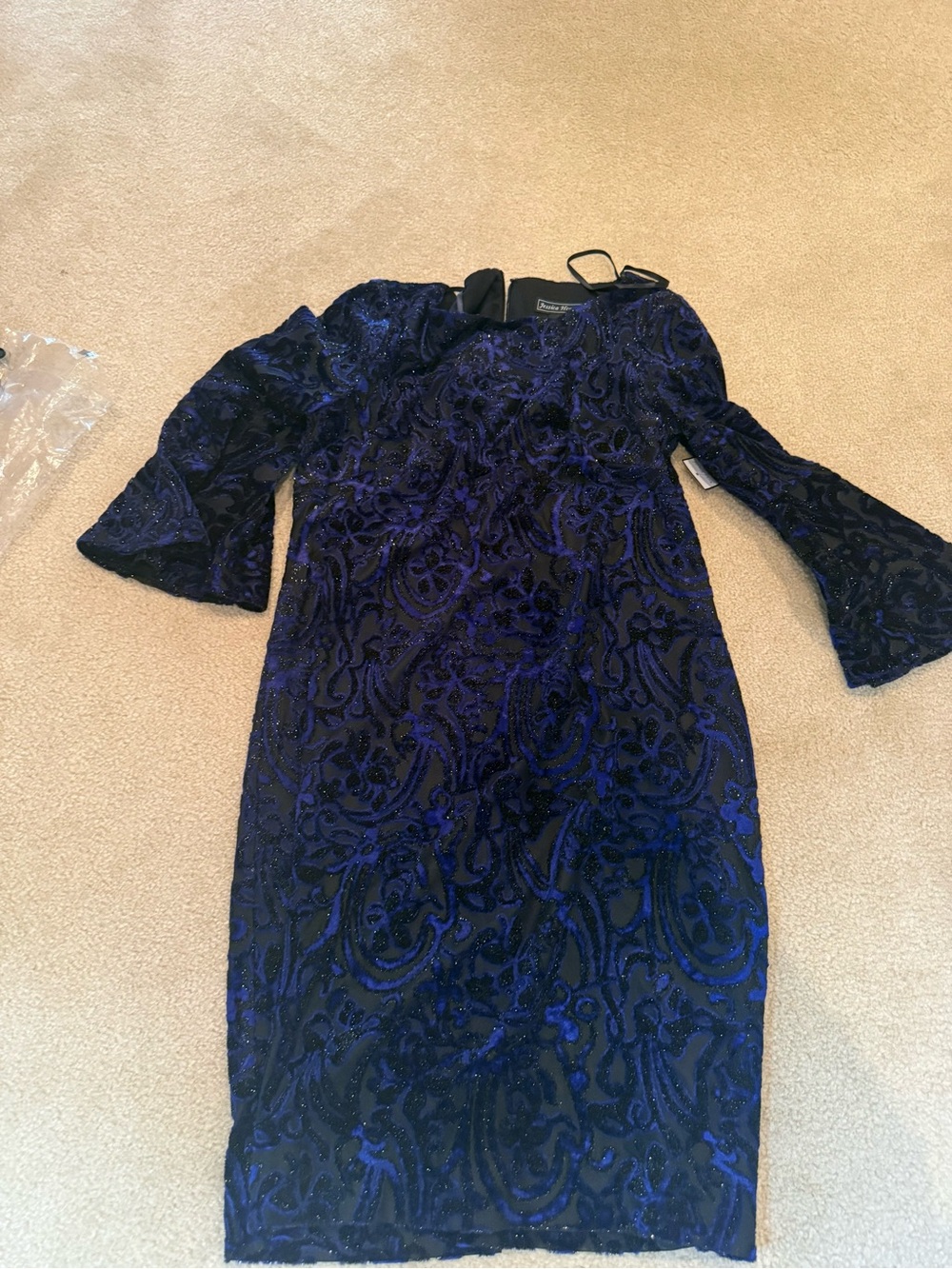 Jessica Howard Navy and Black Sequin Sheath Dress with Bell Sleeves